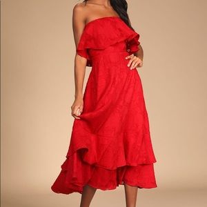 Lulu’s Love You So Truly Red Burnout Floral Strapless Midi Dress